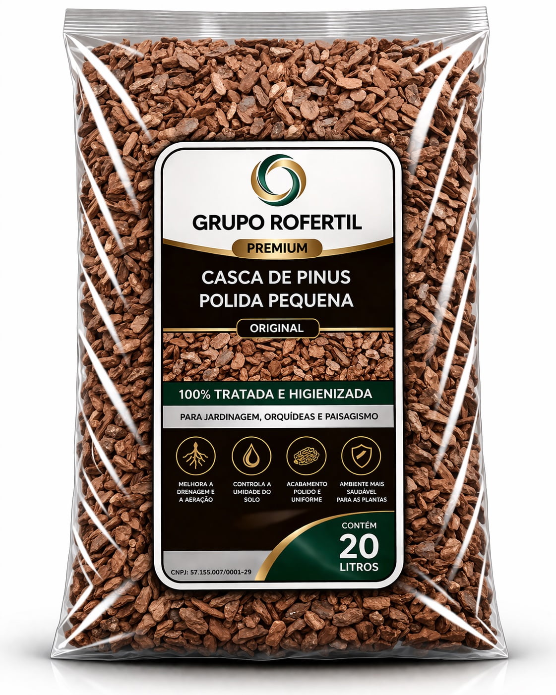 Casca de Pinus Polida Pequena Premium 20 Litros para Jardim – Acabamento Fino e Proteção do Solo com Frete Grátis