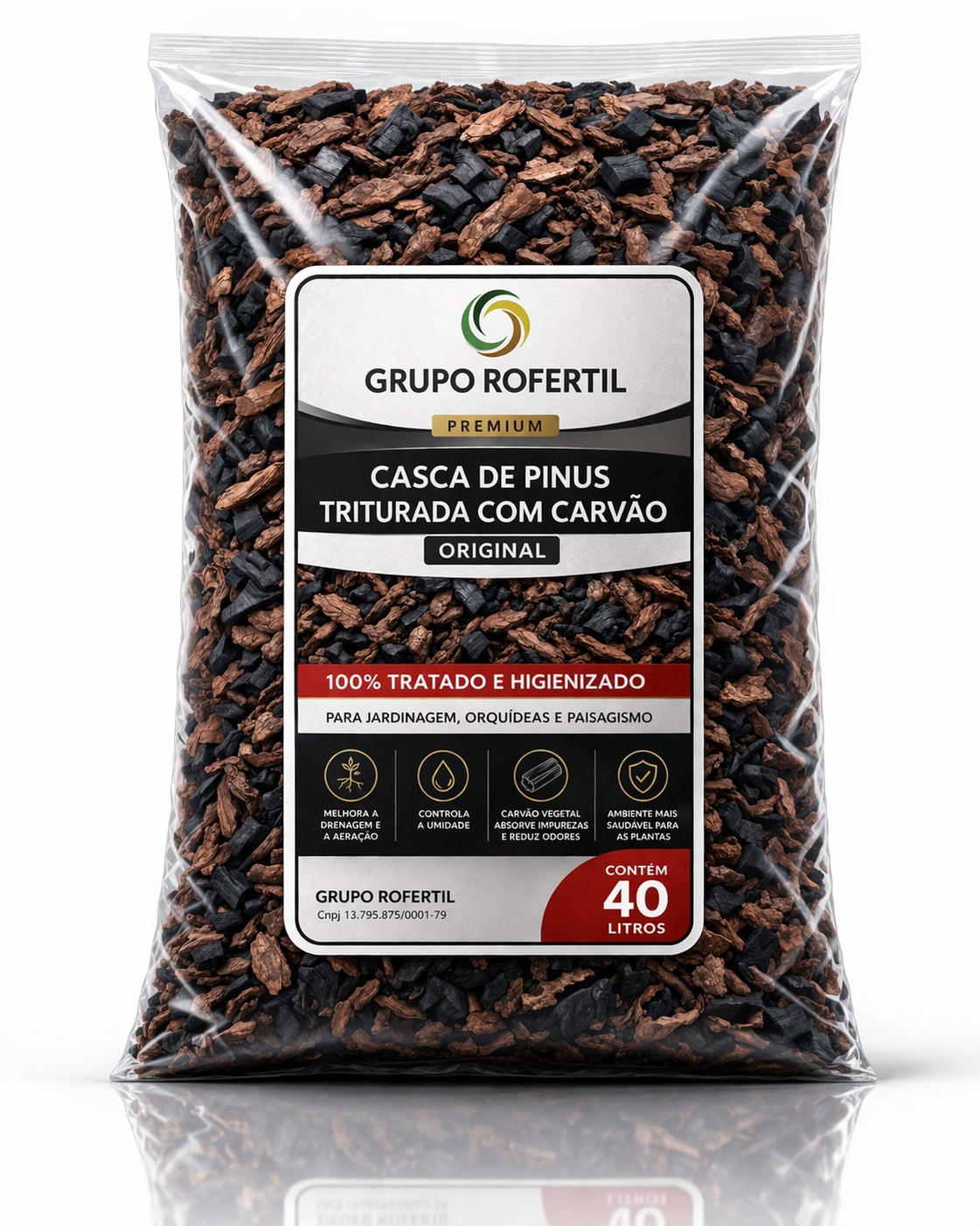 Casca de Pinus Triturada com Carvão 40 Litros para Jardim – Melhor Drenagem e Proteção do Solo com Frete Grátis