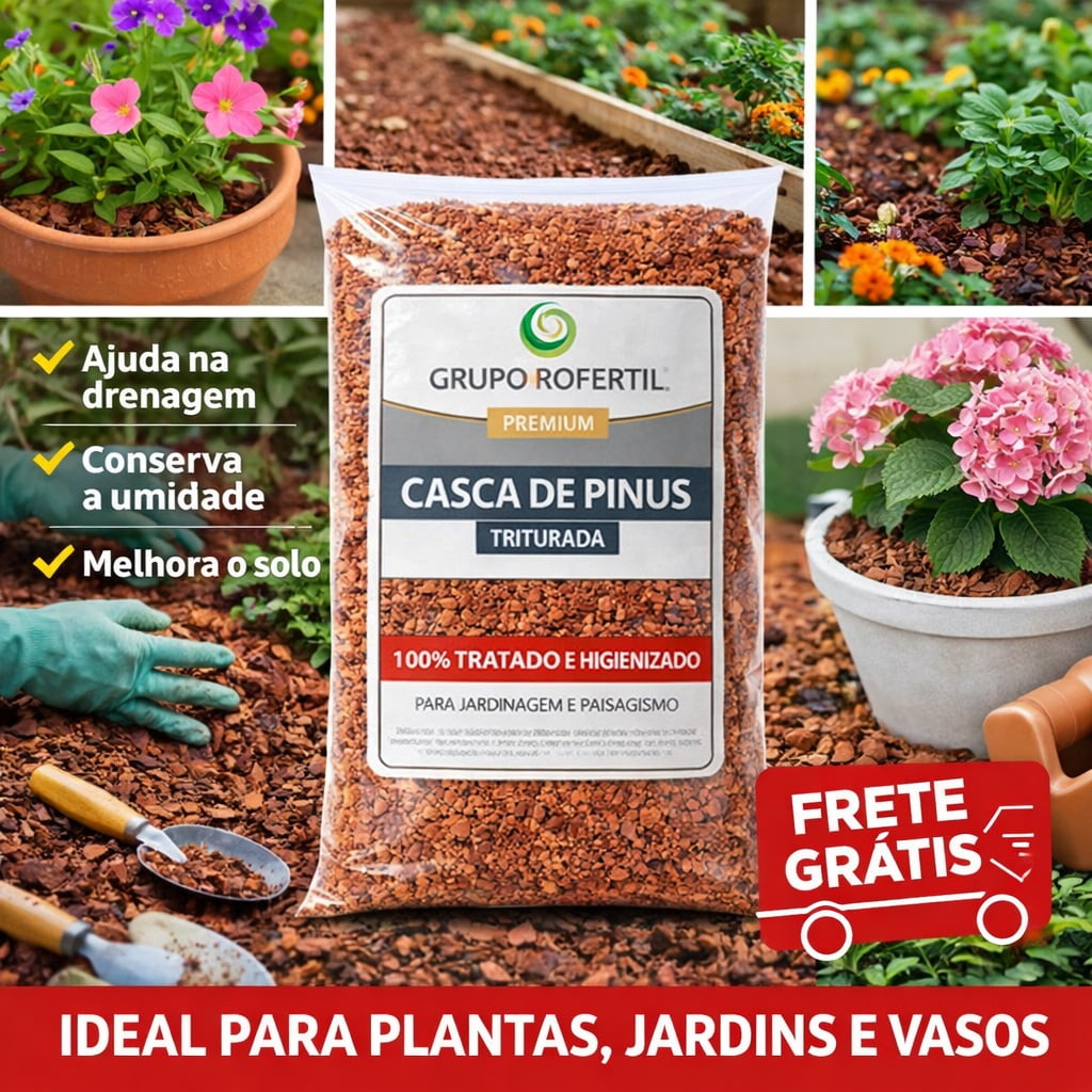 Casca de Pinus Triturada 40 Litros Para Jardinagem e Vasos – Frete Grátis